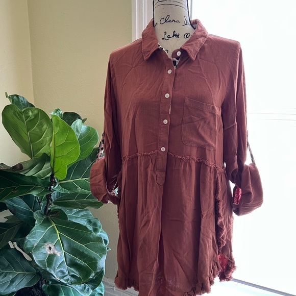 Umgee Linen Blend Animal Print Button Front Tunic Dress Pocket Canyon Clay Small - Picture 3 of 11